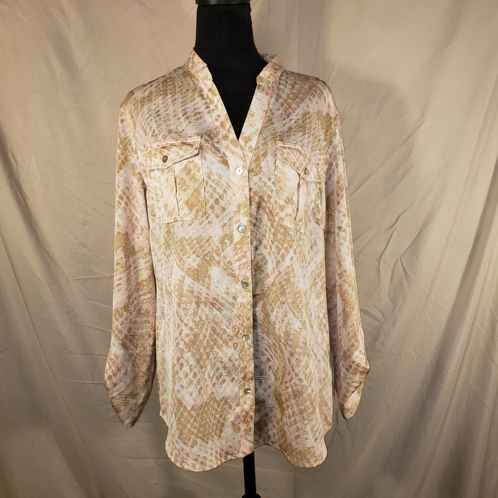 Ruby Rd. Light Pink And Beige Printed Button-Down… - image 1